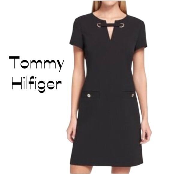 Tommy Hilfiger Black With Gold Detail Retro Y2K Shift Dress NWOT Size 8 - Picture 1 of 12